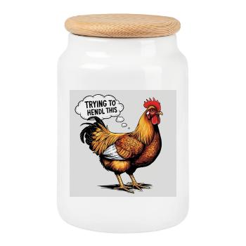 Chicken "Trying to hendl this" - Cookie Jar with Wooden Lid - white - Front