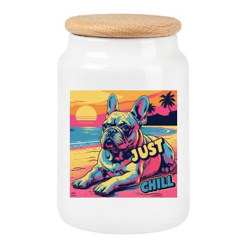 Chien apaisant sur la plage avec Just Chill écrit dessus - Boîte à biscuits avec couvercle en bois - blanc - Devant