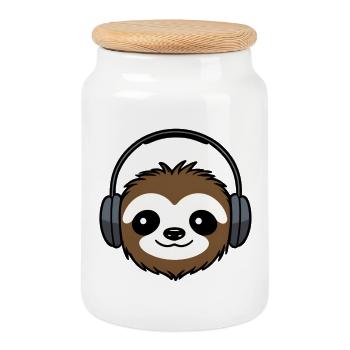 Cute Sloth DJ Listening to Music - Cookie Jar with Wooden Lid - white - Front