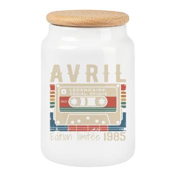 April 1985 April 1985 - Cookie Jar with Wooden Lid - white - Front