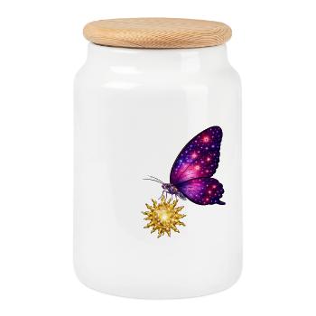 Golden Sun and space butterfly. - Cookie Jar with Wooden Lid - white - Front