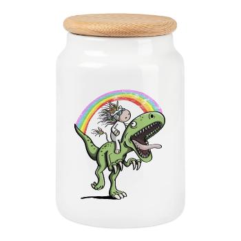 Unicorn Rides Dinosaure T Rex sous arc-en-ciel - Boîte à biscuits avec couvercle en bois - blanc - Devant
