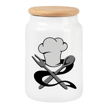 A chef's hat with spoon and fork - Cookie Jar with Wooden Lid - white - Front
