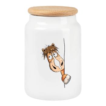 Curious horse - Cookie Jar with Wooden Lid - white - Front