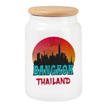 Bangkok Skyline / Thailand Gift Vintage Retro - Cookie Jar with Wooden Lid - white - Front