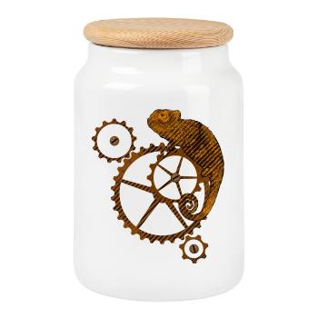 Steampunk Chamäleon - Keksdose mit Holzdeckel - Weiß - Vorne