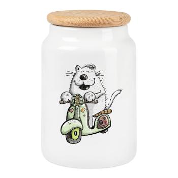 Coole Katze Fährt Roller Fun Design Katzenmotiv - Keksdose mit Holzdeckel - Weiß - Vorne