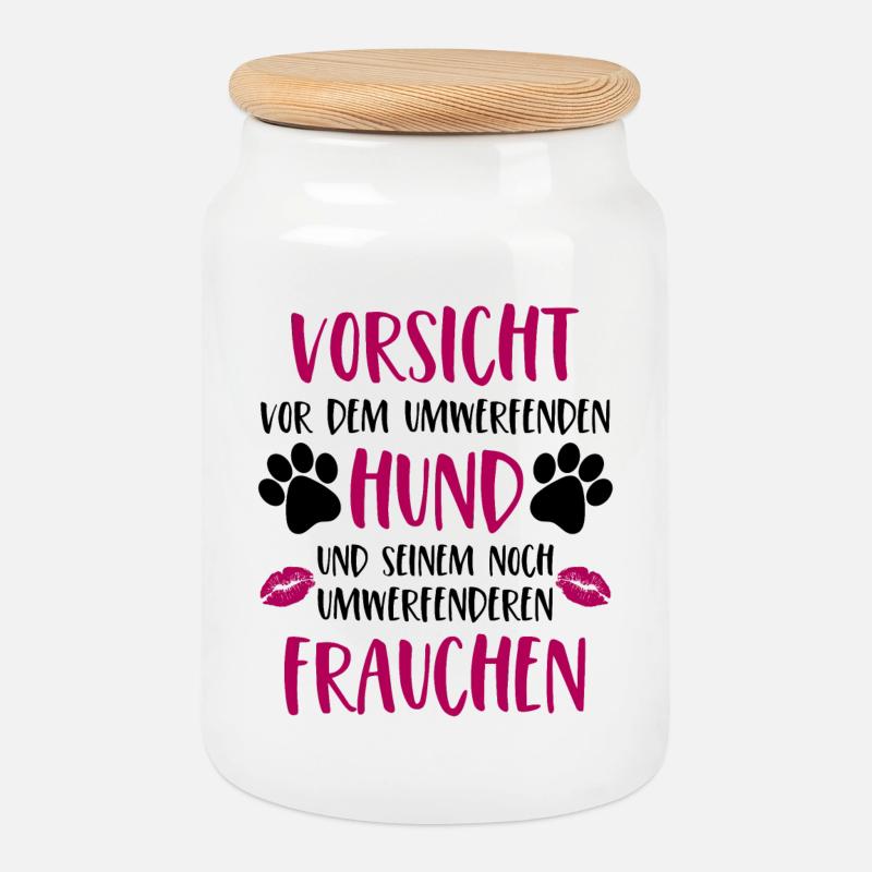 Vorsicht vor dem umwerfenden Hund Frauchen Version - Keksdose mit Holzdeckel - Weiß