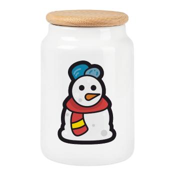 Snowman - Merry Christmas - Cookie Jar with Wooden Lid - white - Front