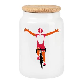 Road cyclists at finish - Cookie Jar with Wooden Lid - white - Front