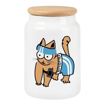 Katze smartphone Fitness lustig Sport Training - Keksdose mit Holzdeckel - Weiß - Vorne
