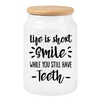 Life is short, smile, while you still have teeth - Cookie Jar with Wooden Lid - white - Front