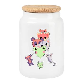 Animaux doux avec des ballons - Boîte à biscuits avec couvercle en bois - blanc - Devant