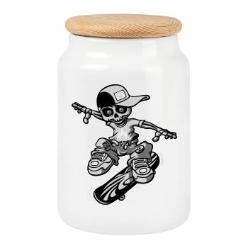 squellette skateur - Boîte à biscuits avec couvercle en bois - blanc - Devant