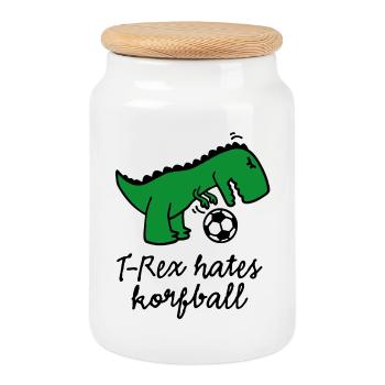 T-Rex hates korfball ball funny dinosaur cartoon - Cookie Jar with Wooden Lid - white - Front