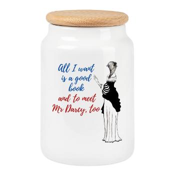 A good book and Mr Darcy - Cookie Jar with Wooden Lid - white - Front