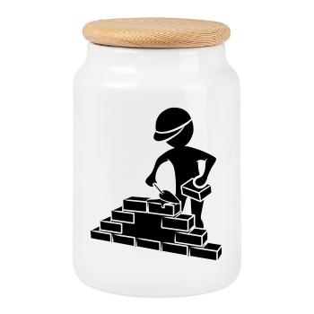 Bauarbeiter mit Maurerkelle, Mörtel und Mauer - Keksdose mit Holzdeckel - Weiß - Vorne