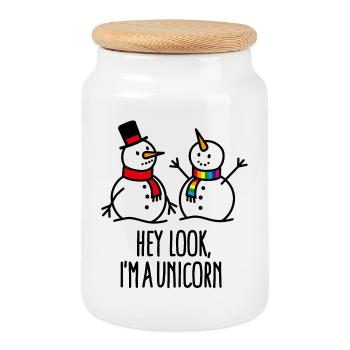 Hey look I'm a unicorn, snowman, christmas - Cookie Jar with Wooden Lid - white - Front