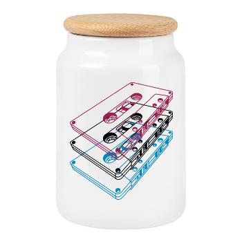 Cassette 3D – Retro Mixtape Vintage Perspective - Cookie Jar with Wooden Lid - white - Front