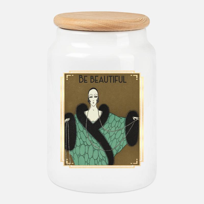 Be Buautiful, Art-deco Mode mit Perlenkette - Keksdose mit Holzdeckel - Weiß