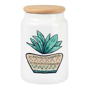 Succulent Pot Pattern - Cookie Jar with Wooden Lid - white - Front