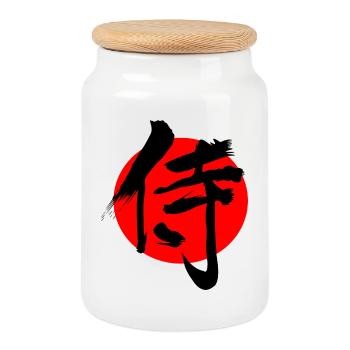 Samurai in japanischer Kanji-Schrift rote Sonne - Keksdose mit Holzdeckel - Weiß - Vorne
