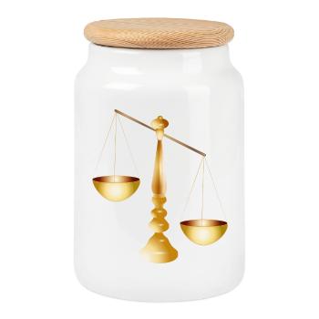 two scales on a beam with stand - Cookie Jar with Wooden Lid - white - Front