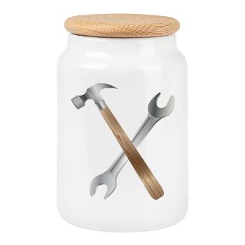Wrench and carpenter's hammer - Cookie Jar with Wooden Lid - white - Front
