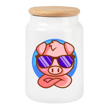 Petit porcelet avec lunettes de soleil - Boîte à biscuits avec couvercle en bois - blanc - Devant