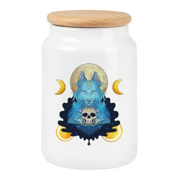 Blue Ink Spirits - Lunar Witch And Skull Wolf - Cookie Jar with Wooden Lid - white - Front