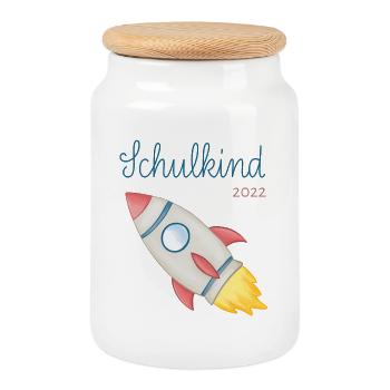 Schulkind 2022 Rakete - Keksdose mit Holzdeckel - Weiß - Vorne