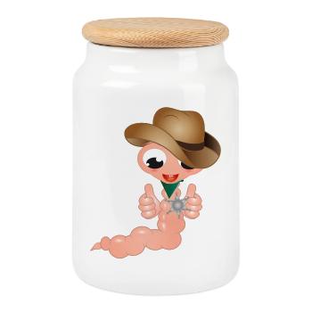 petit ver de terre en cow-boy avec l’étoile du shérif - Boîte à biscuits avec couvercle en bois - blanc - Devant