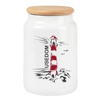 Lighthouse Lake Usedom Holiday red white sea Baltic Sea - Cookie Jar with Wooden Lid - white - Front