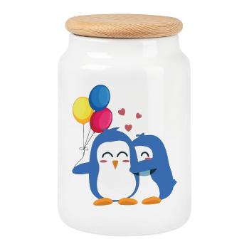Penguins with Balloons - Cookie Jar with Wooden Lid - white - Front