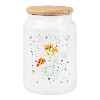 Playful Cat in Cosmic Space Scene - Cookie Jar with Wooden Lid - white - Front