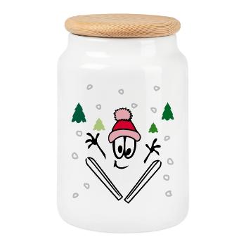 Wintersport, comic - Keksdose mit Holzdeckel - Weiß - Vorne