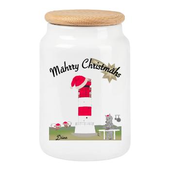 Weihnachten Leuchtturm Düne, Helgoland,Wolf - Keksdose mit Holzdeckel - Weiß - Vorne