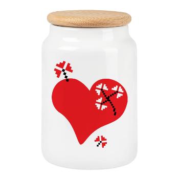 Heart and Flowers - Traditional Romanian pattern - Cookie Jar with Wooden Lid - white - Front
