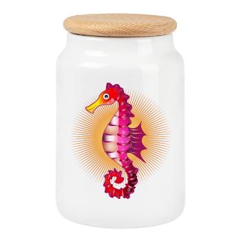 cute radiant seahorse in comic style - Cookie Jar with Wooden Lid - white - Front