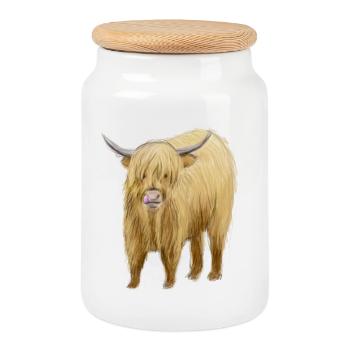 Highland Cow Art - Cookie Jar with Wooden Lid - white - Front