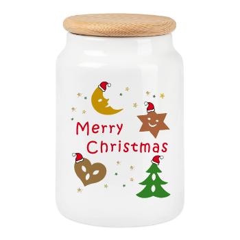 Pain d’épices, joyeux Noël - Boîte à biscuits avec couvercle en bois - blanc - Devant