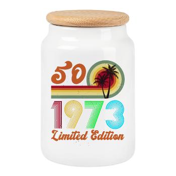 1973 Anniversaire Retro Vintage Né en 1973 - Boîte à biscuits avec couvercle en bois - blanc - Devant