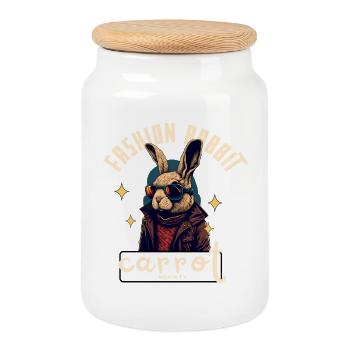 Leather Rocker Bunny - Cookie Jar with Wooden Lid - white - Front
