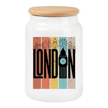 Graphique des rayures de la silhouette de la ligne de l’horizon de Londres - Boîte à biscuits avec couvercle en bois - blanc - Devant