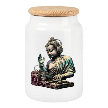 Bouddha DJ - Boîte à biscuits avec couvercle en bois - blanc - Devant