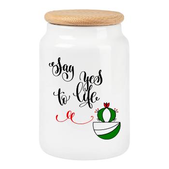 Cactus, say yes to life - Cookie Jar with Wooden Lid - white - Front