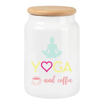 Yoga and Coffee - Cookie Jar with Wooden Lid - white - Front