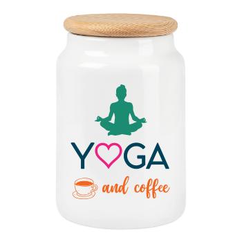 Yoga and Coffee - Cookie Jar with Wooden Lid - white - Front