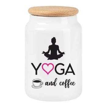 Yoga and Coffee - Cookie Jar with Wooden Lid - white - Front