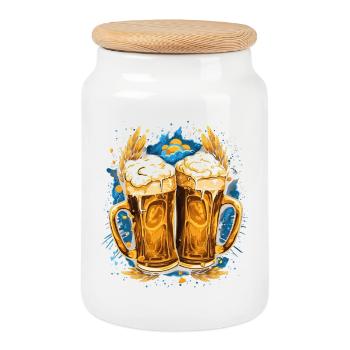 Bière, Tasse à bière avec tête de mousse, Tasses à bière dorées - Boîte à biscuits avec couvercle en bois - blanc - Devant